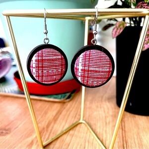 Handmade Chunky Retro Fabric Button Wood Earrings, 25mm, NWT